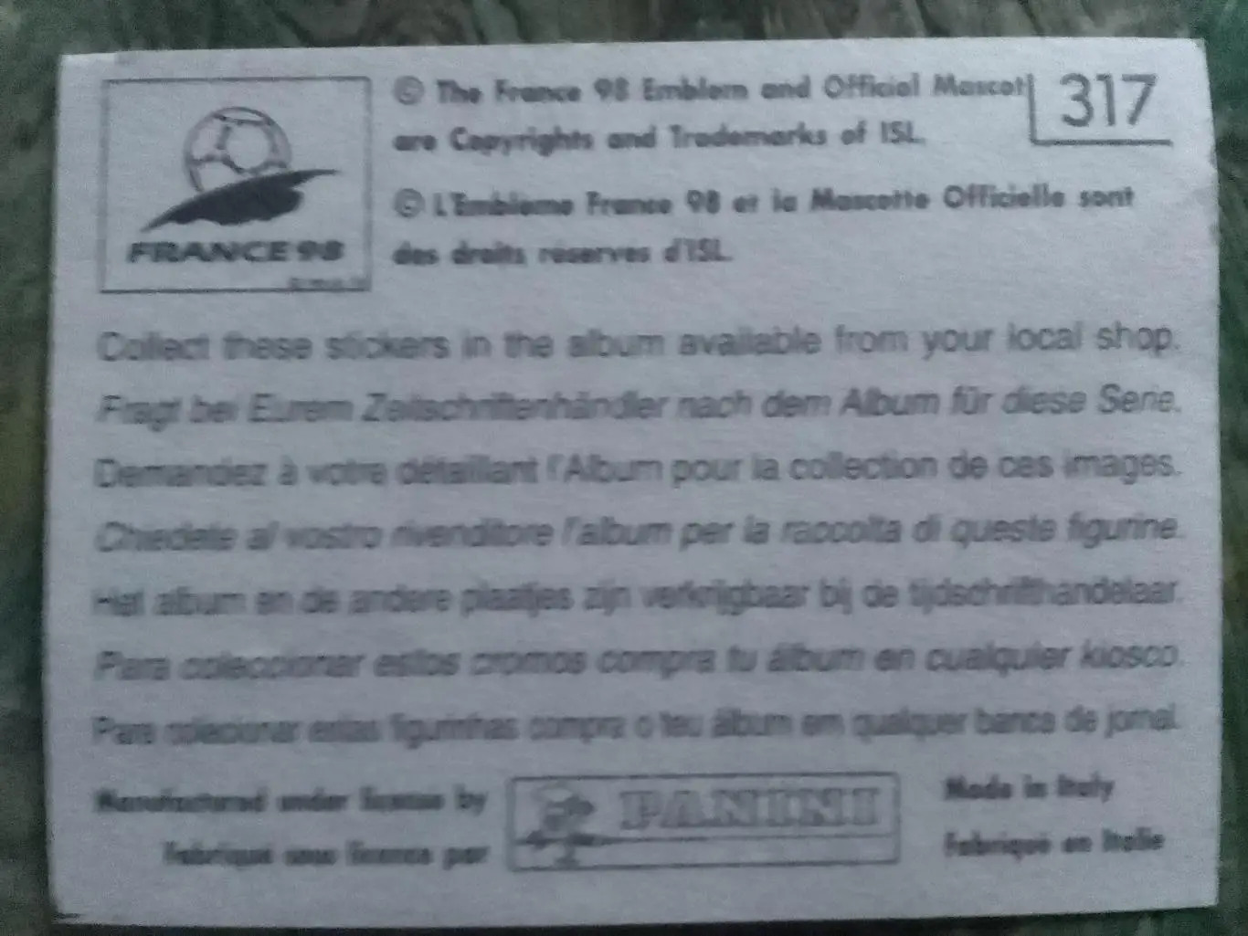 Паннини Франция ЧМ 1998. Бельгия. №317. Оптом скидки до 32% 1