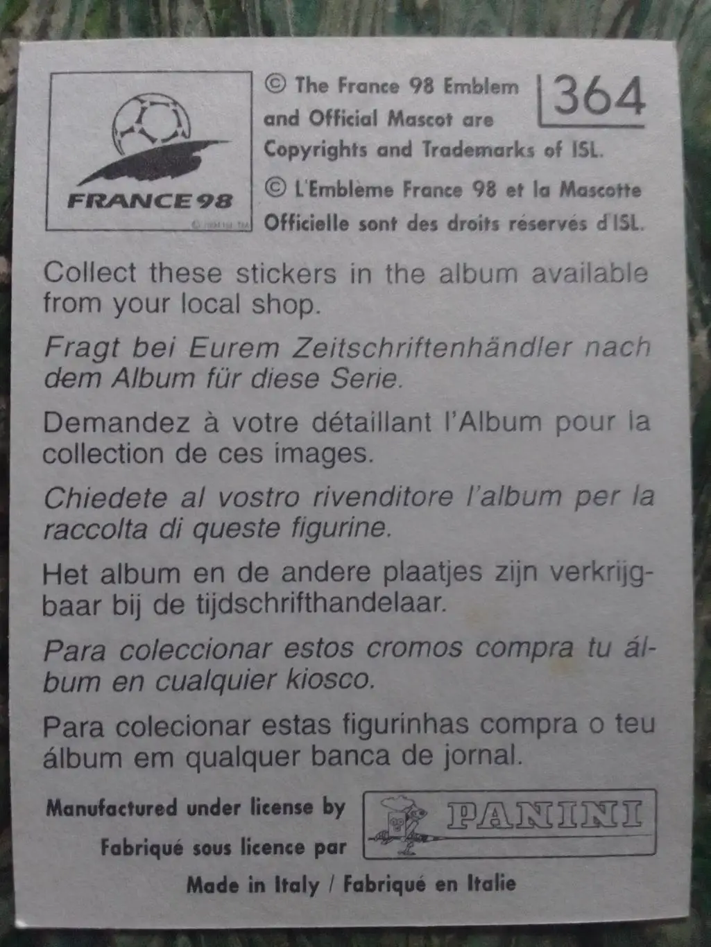 Паннини Франция ЧМ 1998. МЕКСИКА № 364. Оптом скидки до 33% 1