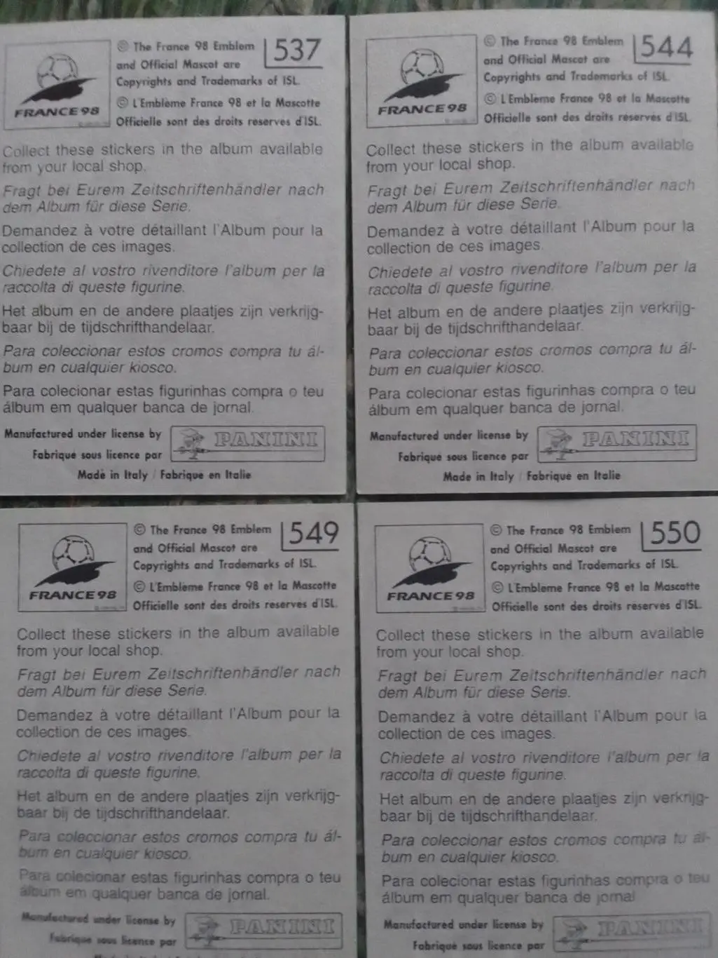 Паннини Франция ЧМ 1998. ХЛРВАТИЯ № 537. 544. 549. 550. Оптом скидки до 33% 1