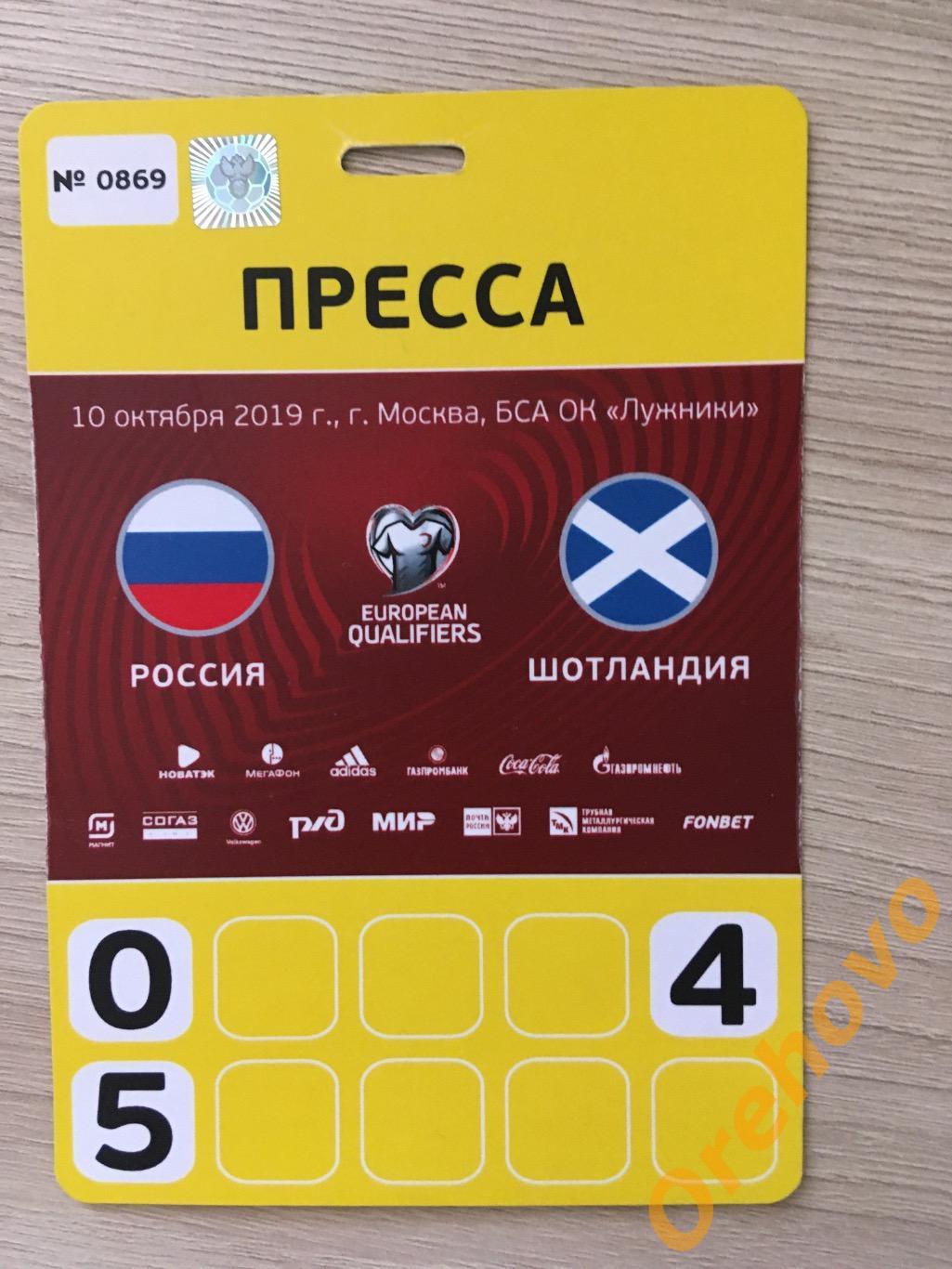 Отборочный тур ЕВРО-2020 Россия - Шотландия аккредитация/ протокол/ открытка 1
