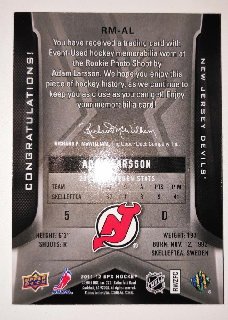 2011-12 SPx - Rookie Materials #RM-AL - Adam Larsson New Jersey Devils 1