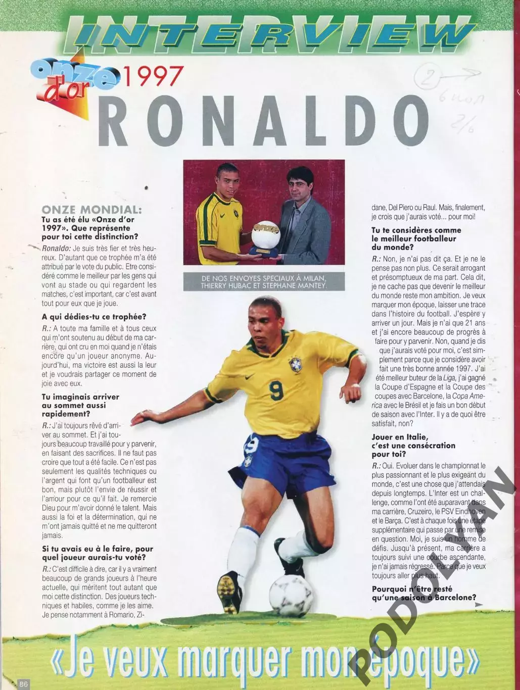 Футбол. Журнал ONZE Mondial (Франция). Декабрь 1997 г. Роналдо, Италия, Чили. 5