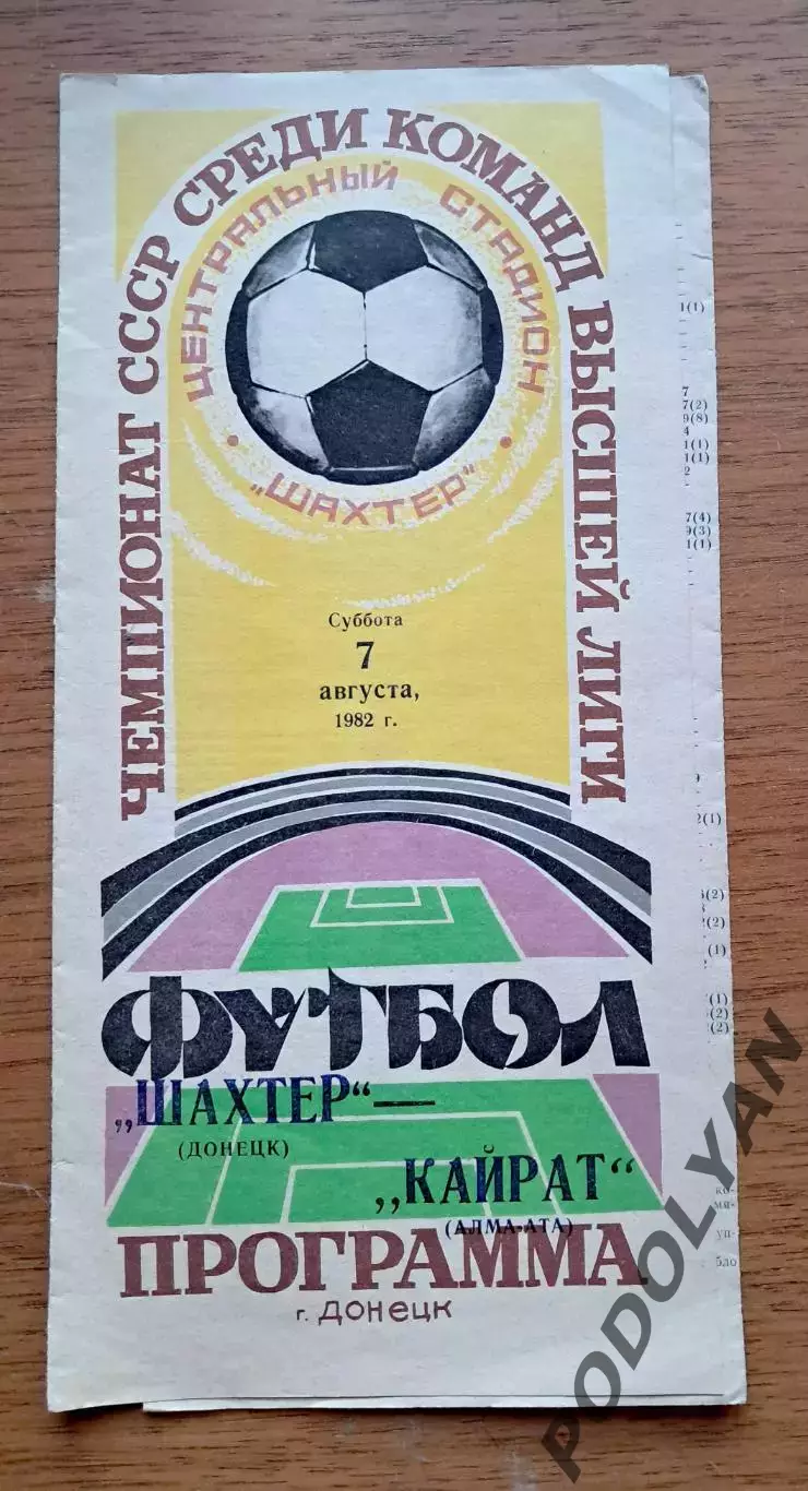 Футбол. Программа. Чемпионат СССР. Шахтер Донецк - Кайрат Алма-Ата. 7.08.1982