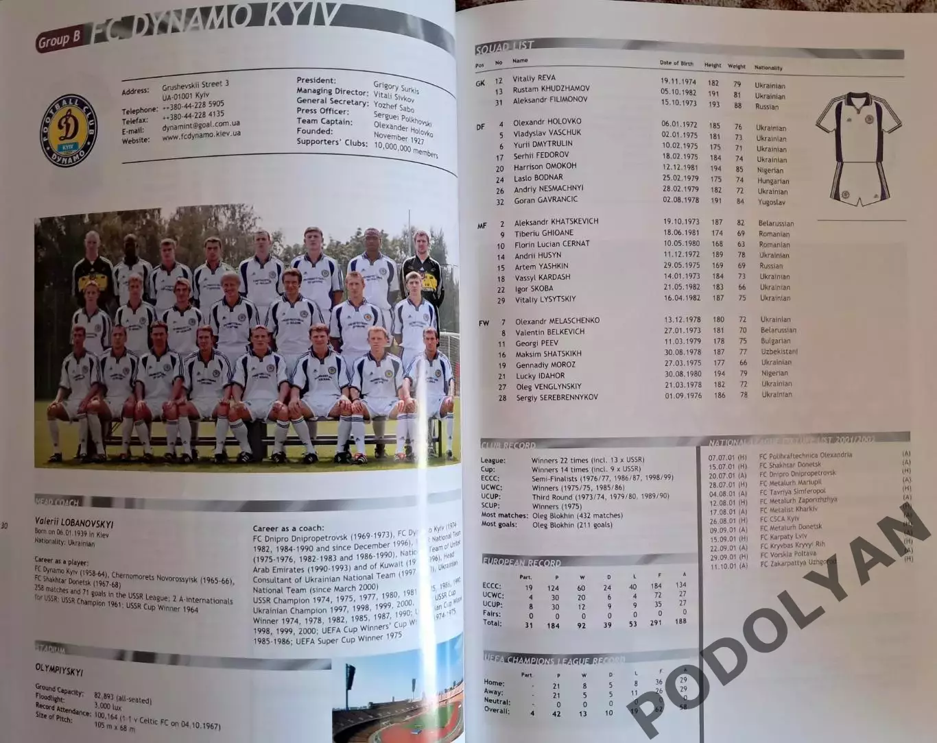Футбол. Официальный буклет УЕФА для ЛЧ на сезон-2001/02 (1-й этап). Динамо Киев 1