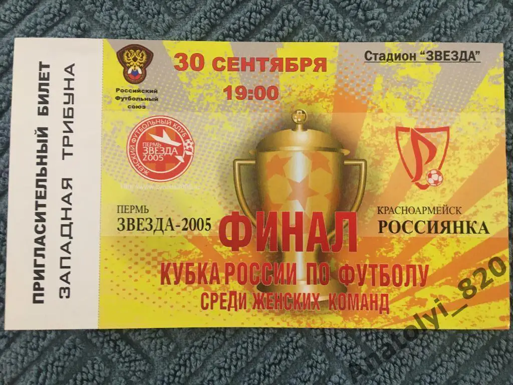Звезда 2005 Пермь - Россиянка Красноармейск, финал кубка, билет