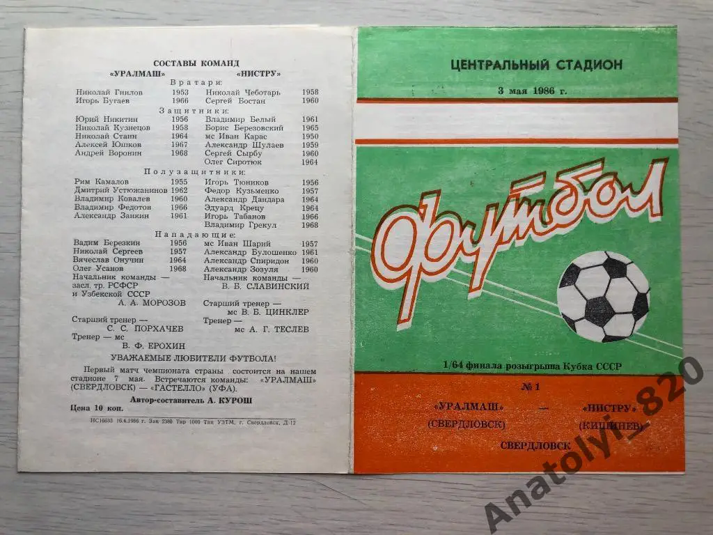 Уралмаш Свердловск - Нистру Кишинёв, кубок 1986 год