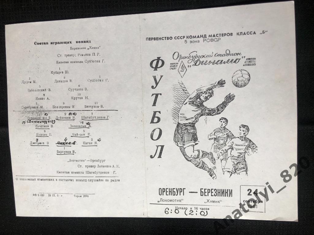 Локомотив Оренбург - Химик Березники, 24.09.1961
