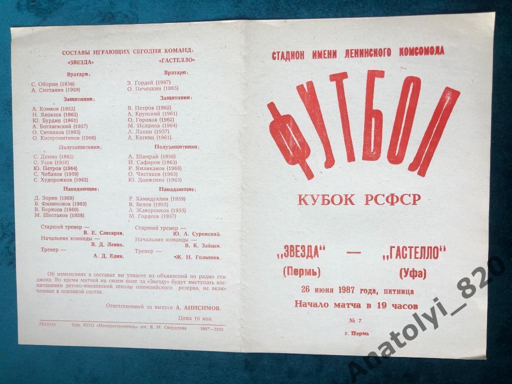 Звезда Пермь - Гастелло Уфа, 26.06.1987 кубок