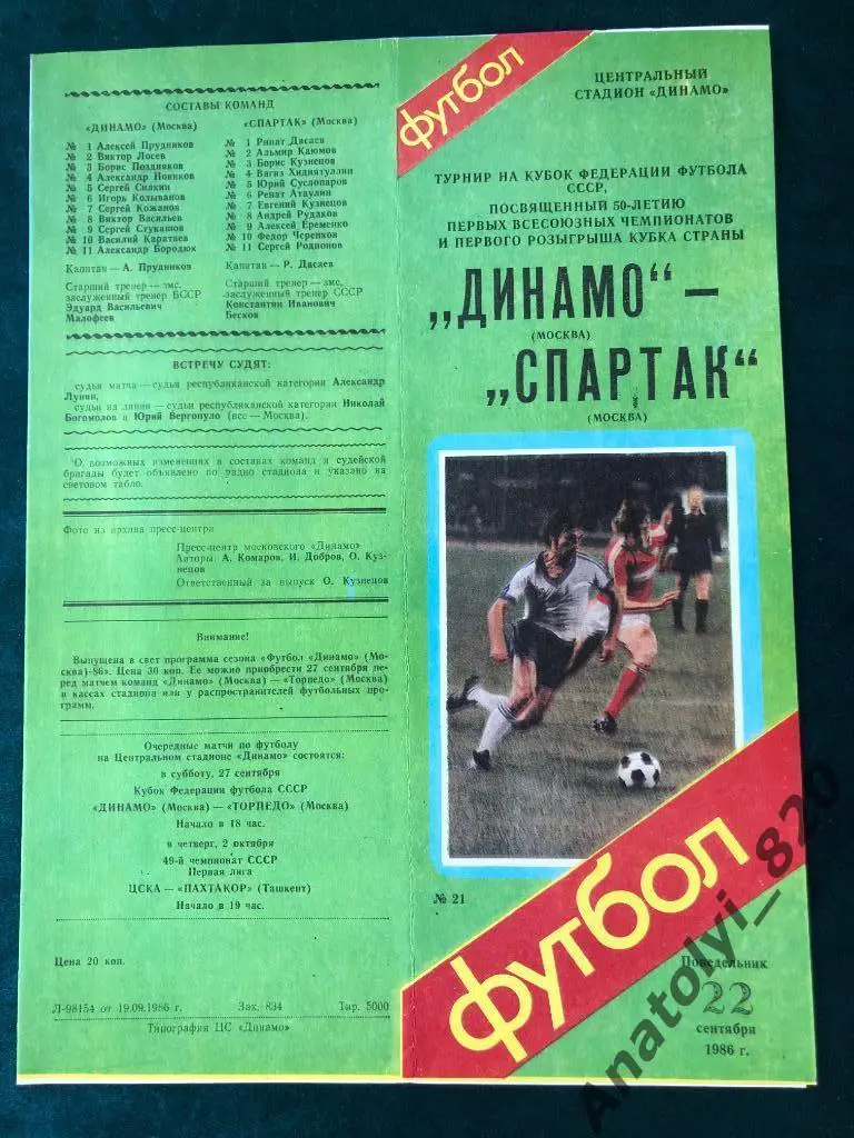Динамо Москва - Спартак Москва, кубок федерации, 1986