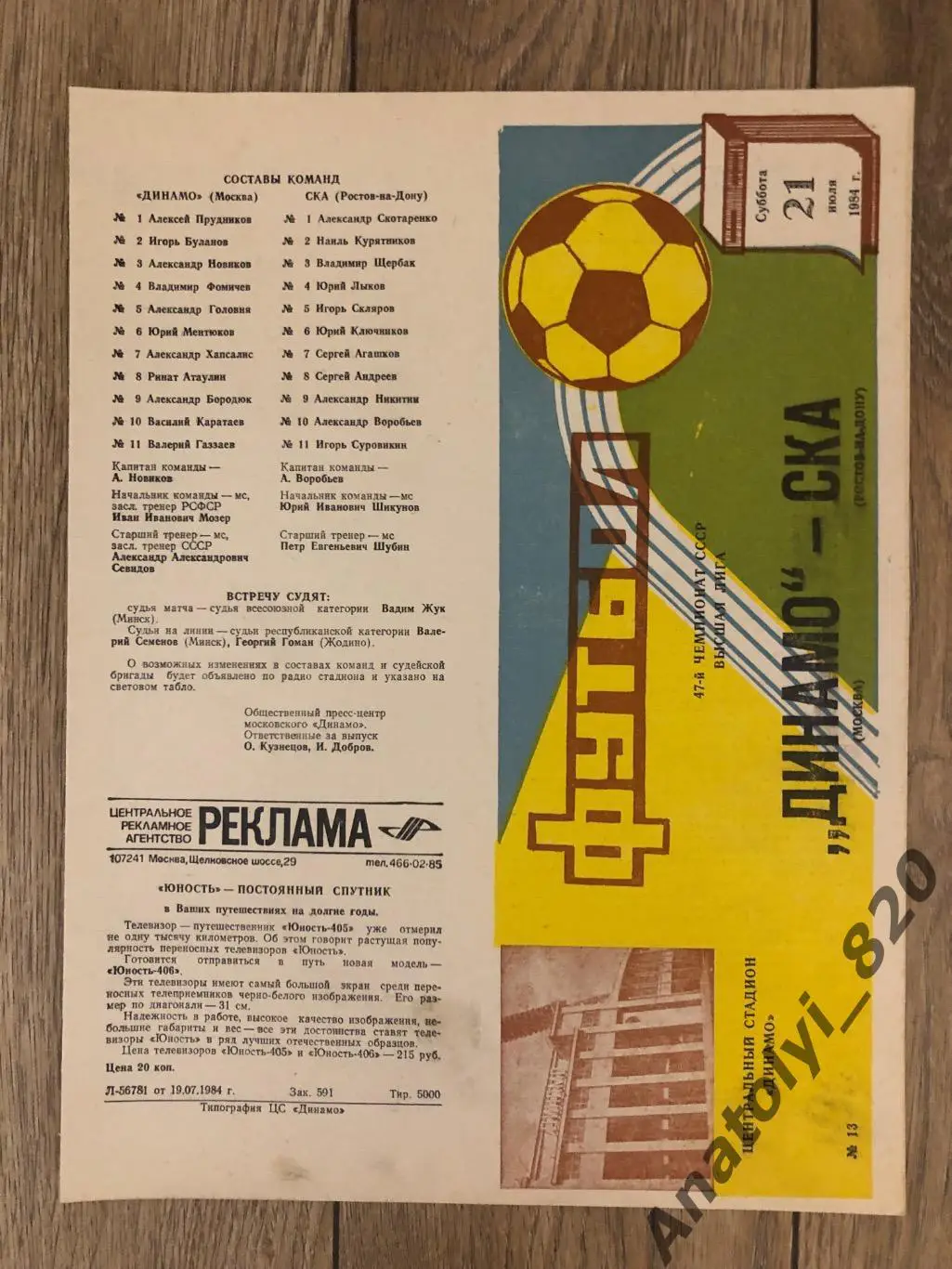 Динамо Москва - СКА Ростов 1984 год