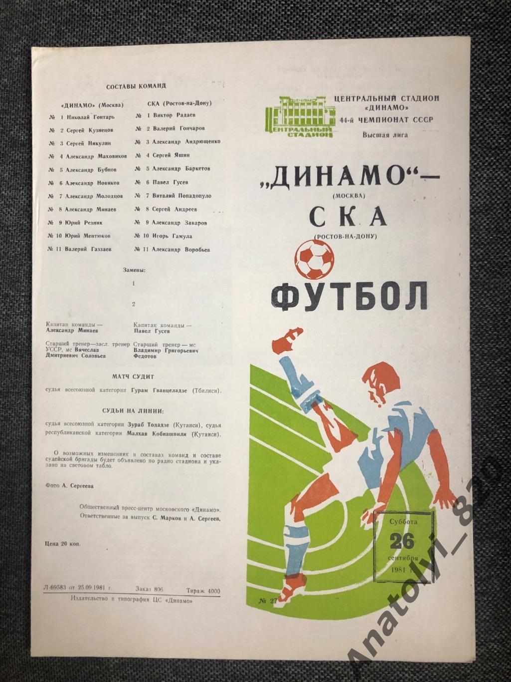 Динамо Москва - СКА Ростов 1981 год