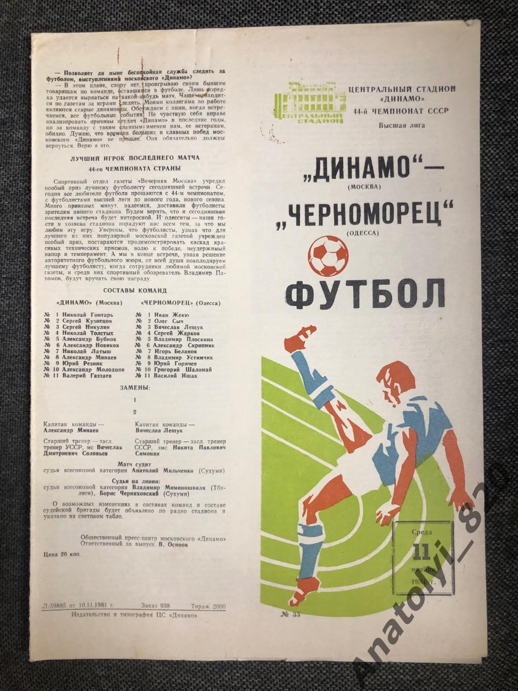 Динамо Москва - Черноморец Одесса 1981 год