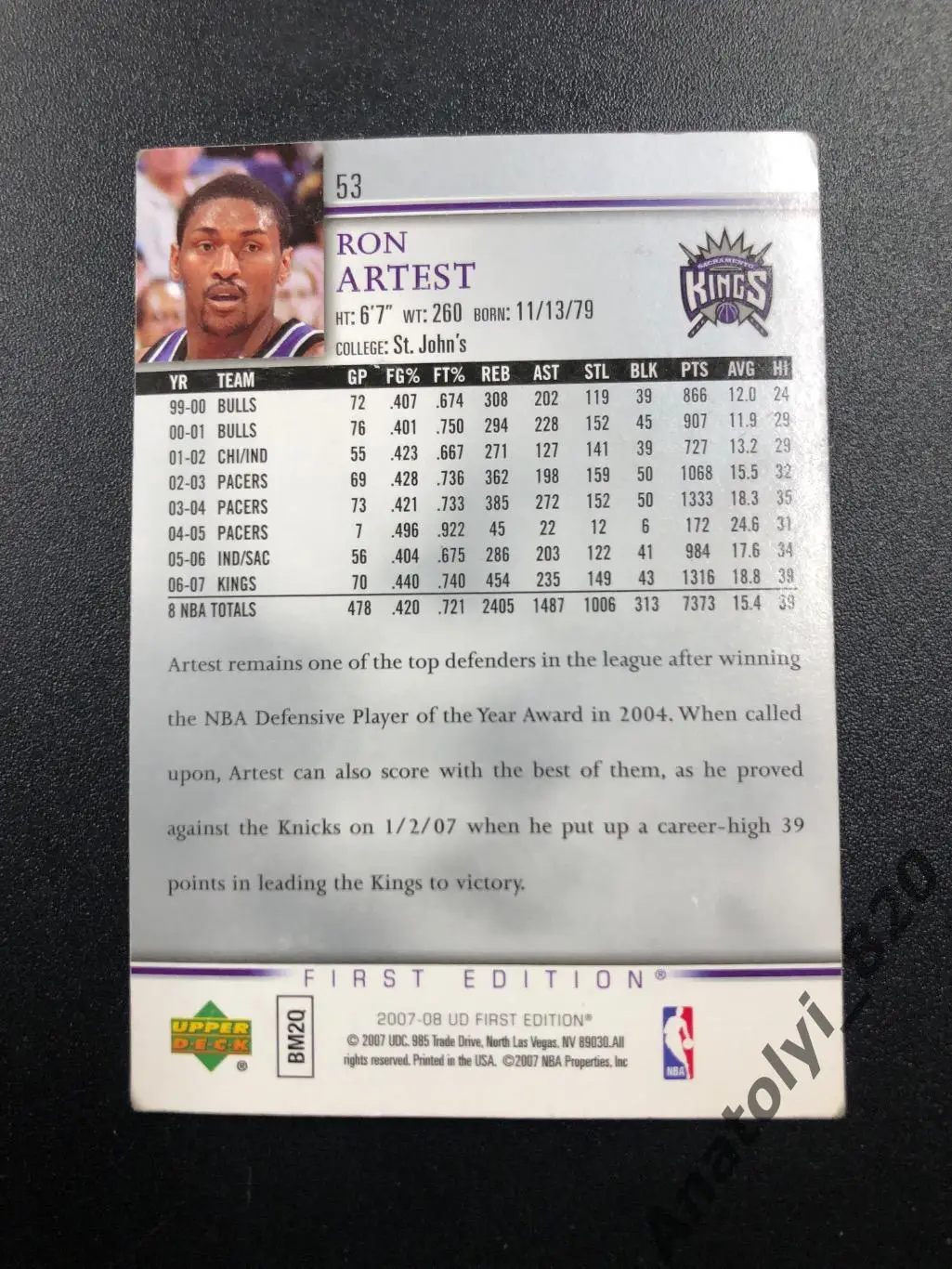 Баскетбол карточка Ron Artest Sacramento Kings 1
