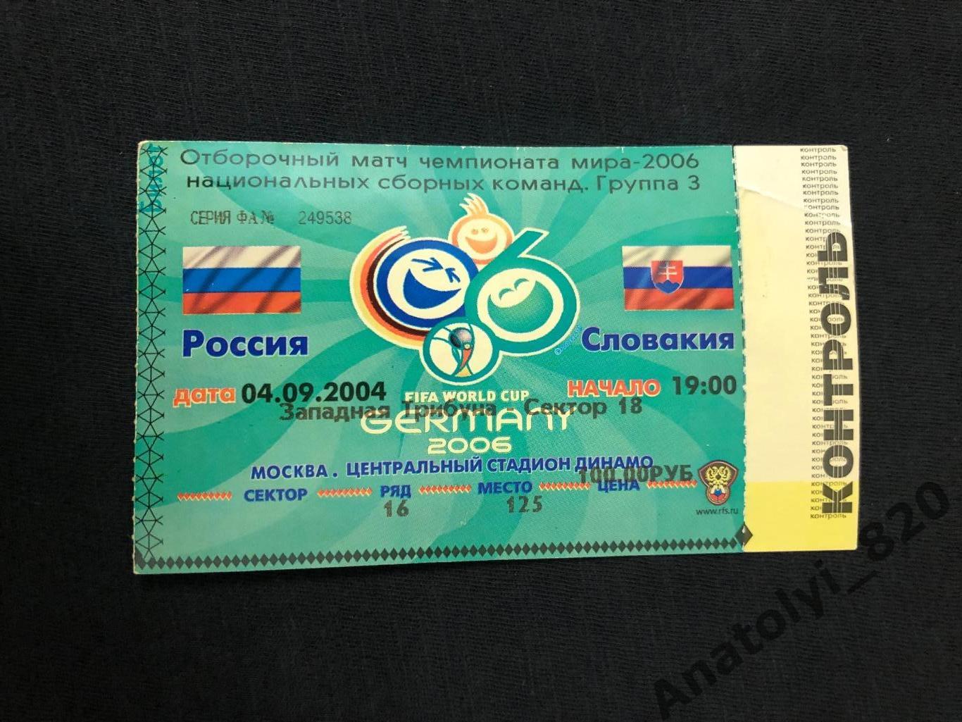 Билет сборная России - сборная Словакии, 04.09.2004