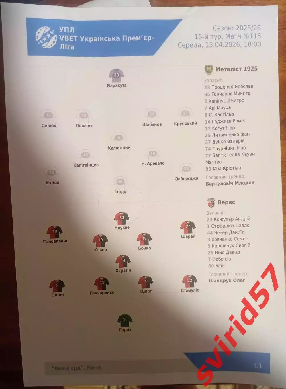 Металіст 1925 Харків - НК Верес Рівне 15.04.2026 р.