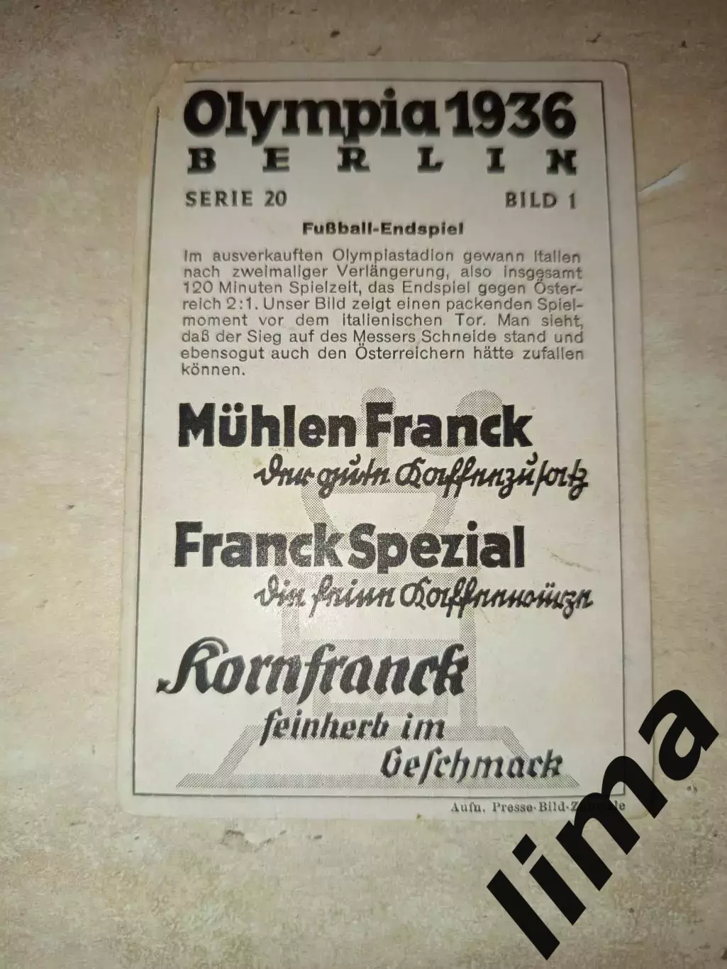 Оригинал!Редкая карточка футбол Италия- Австрия Финал Олимпиада 1936 год