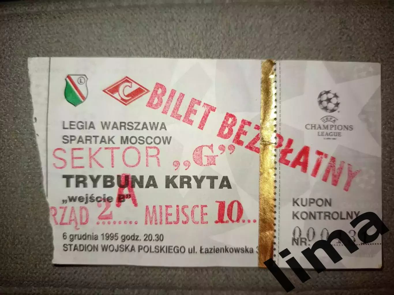Билет футбол Легия Варшава Польша- Спартак Москва 06.12.1995 ЛЧ с контролем