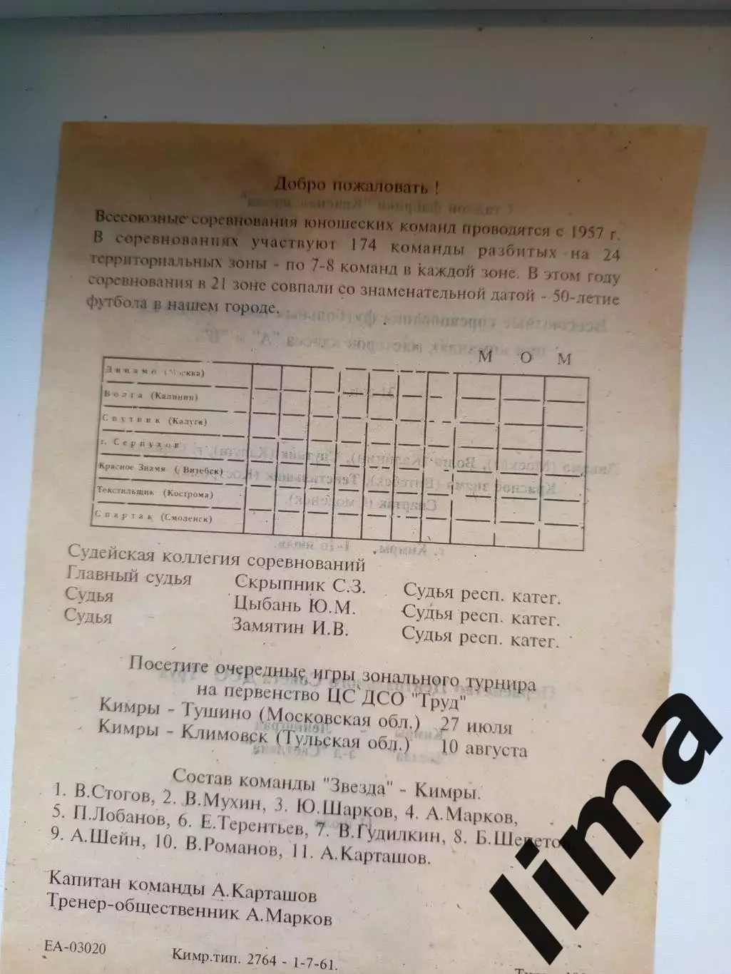 Кимры 1961/ВолгаКалинин Динамо Москва,Смоленск,Кострома,Калуга,Серпухов,Витебск 1