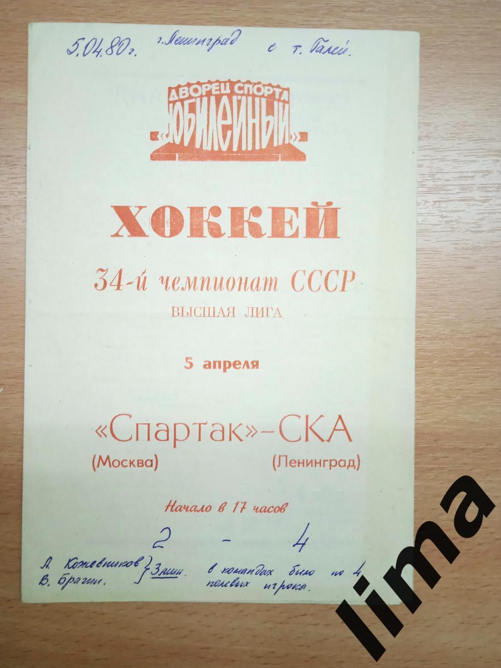 Программа хоккей Ска Ленинград - Спартак Москва 5.04.1980 тираж 2000