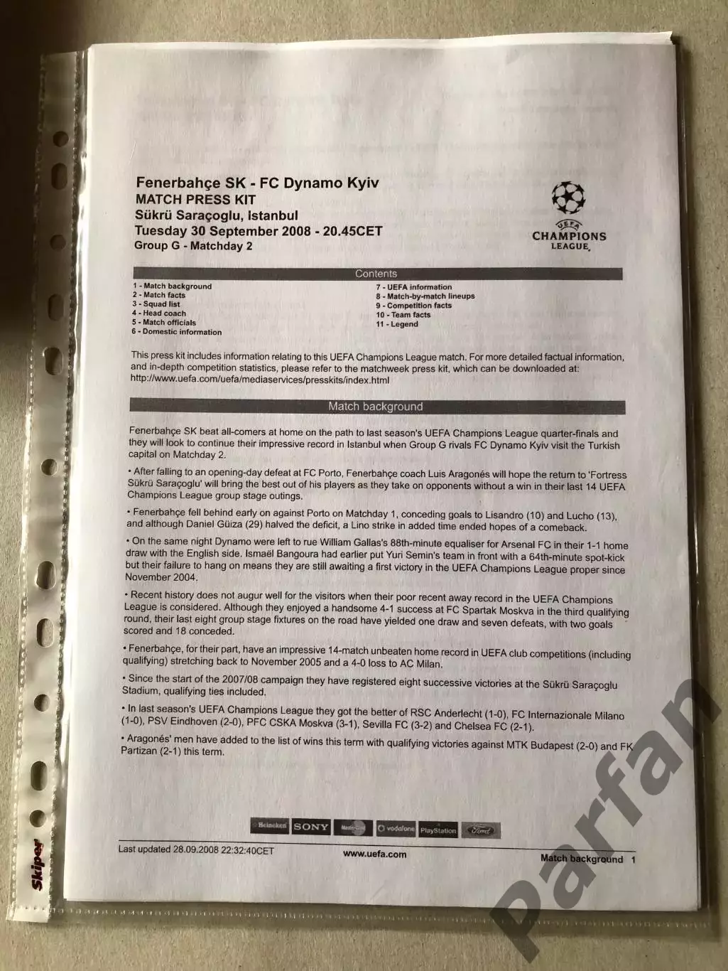 Press kit Фенербахче - Динамо Київ 2008