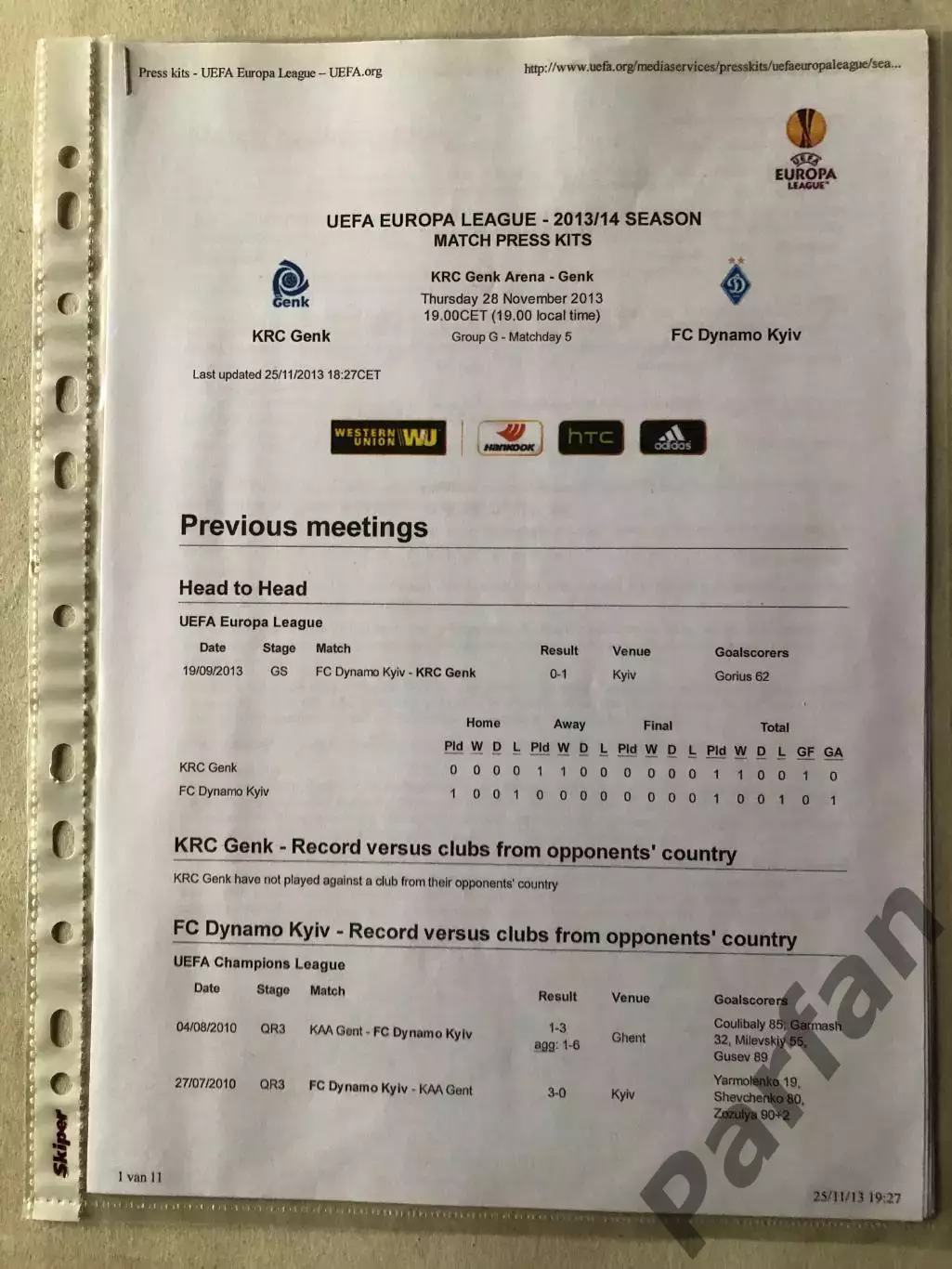 Press kit Генк - Динамо Київ 2013