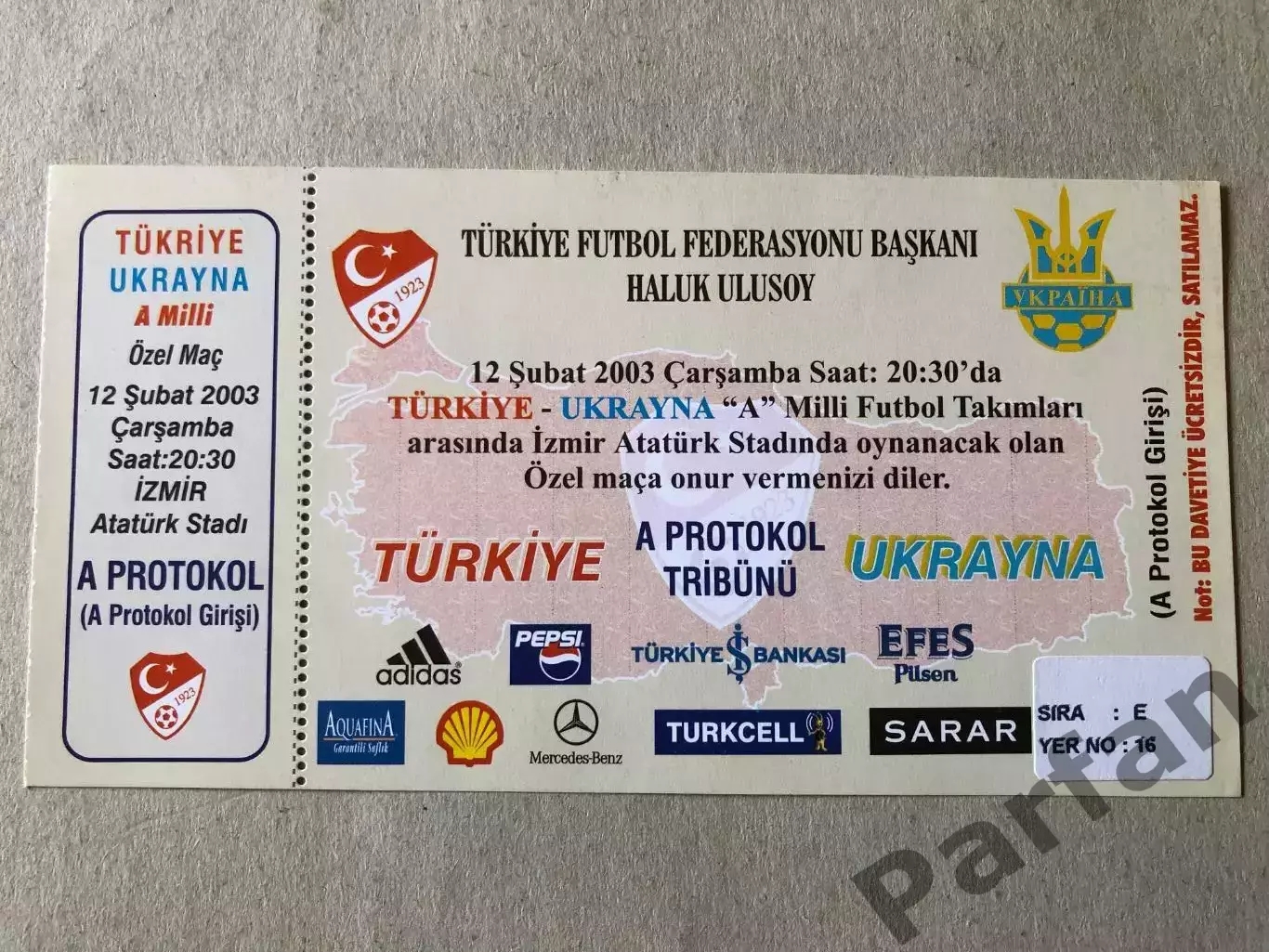Квиток Туреччина - Україна 2003