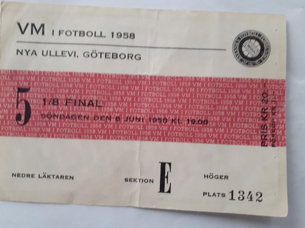 Билет Англия - СССР 1958 Чемпионат Мира Швеция
