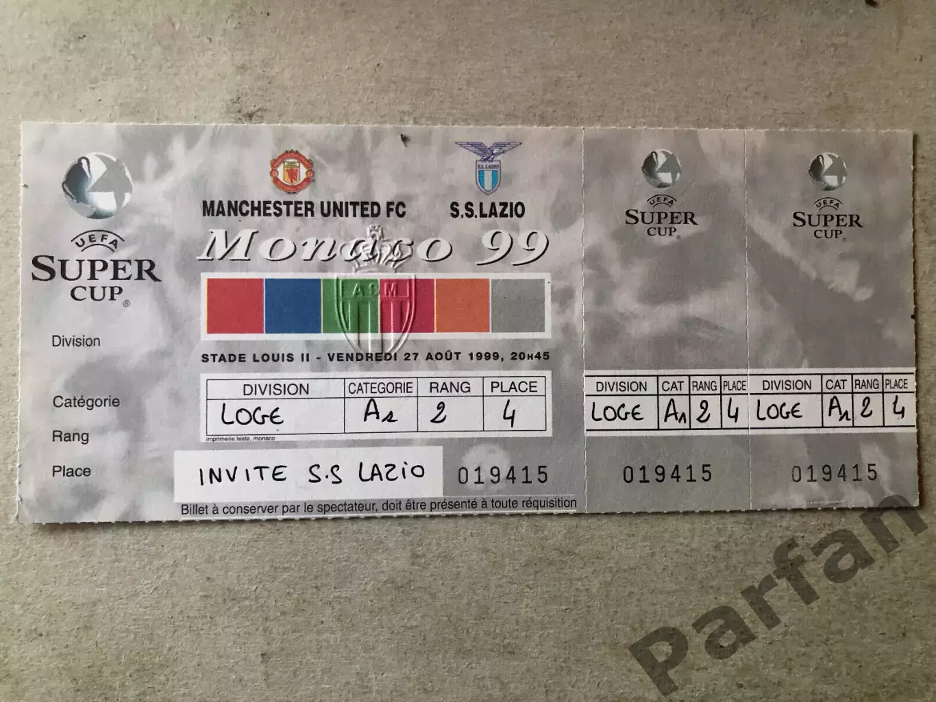 Квиток Суперкубок УЄФА Фінал Манчестер - Лаціо 1999 Manchester United v Lazio