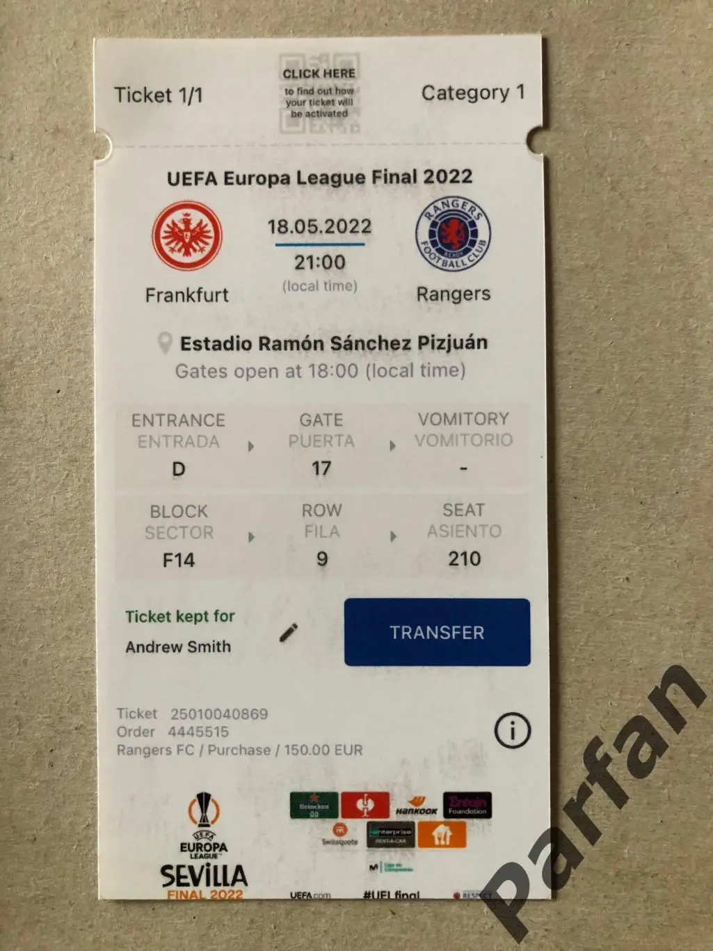 Ел.квиток Ліга Європи Фінал Ейнтрахт - Рейнжерс 2022 Eintracht v Rangers