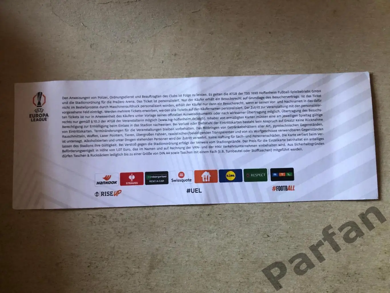 Квиток Хоффенхайм - Динамо Київ 2024 з іменами команд німецька мова 1