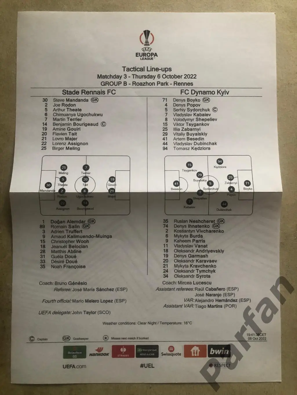 Протокол Ренн - Динамо Київ 2022