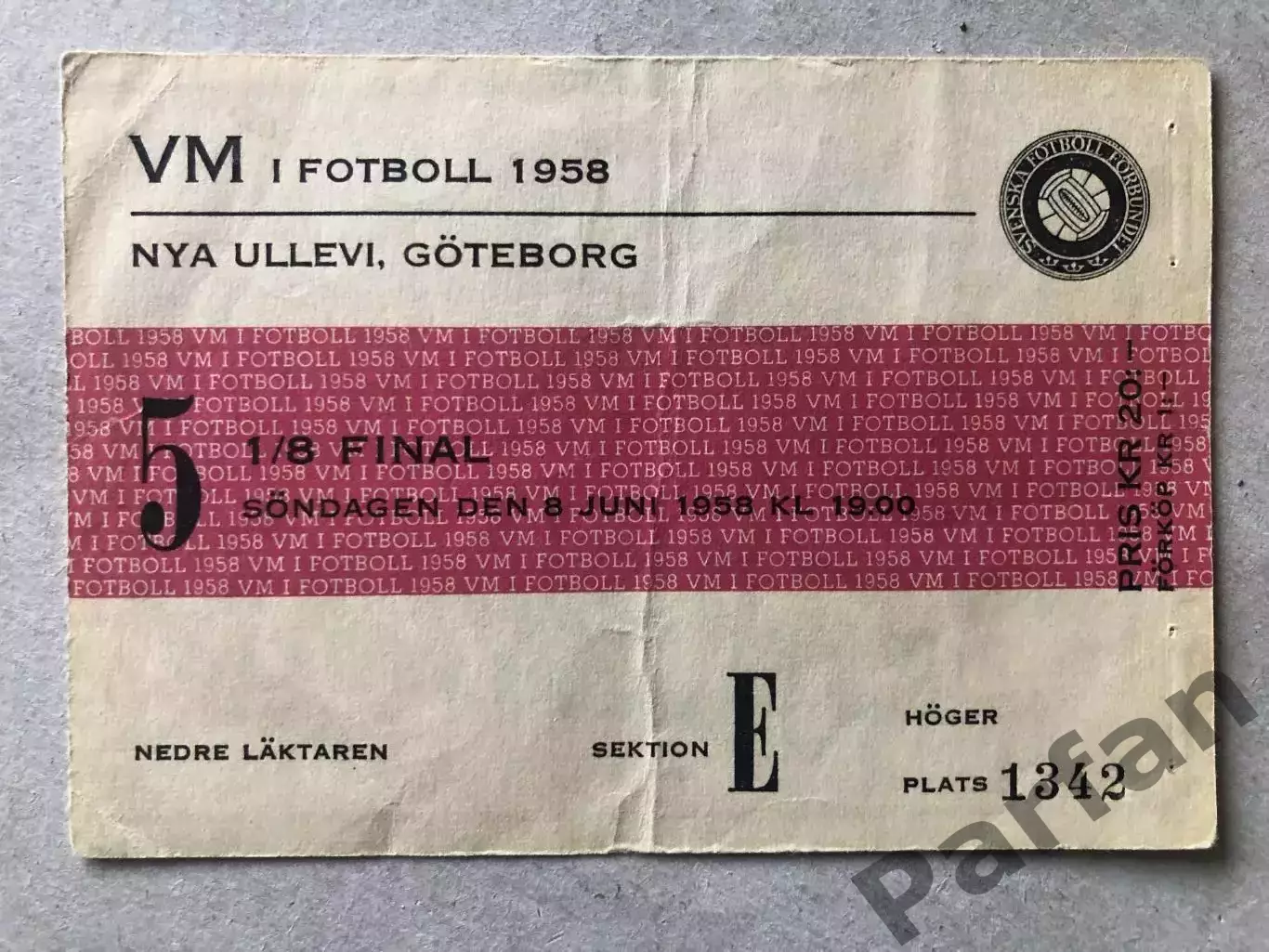 Билет Англия - СССР 1958 Чемпионат Мира Швеция