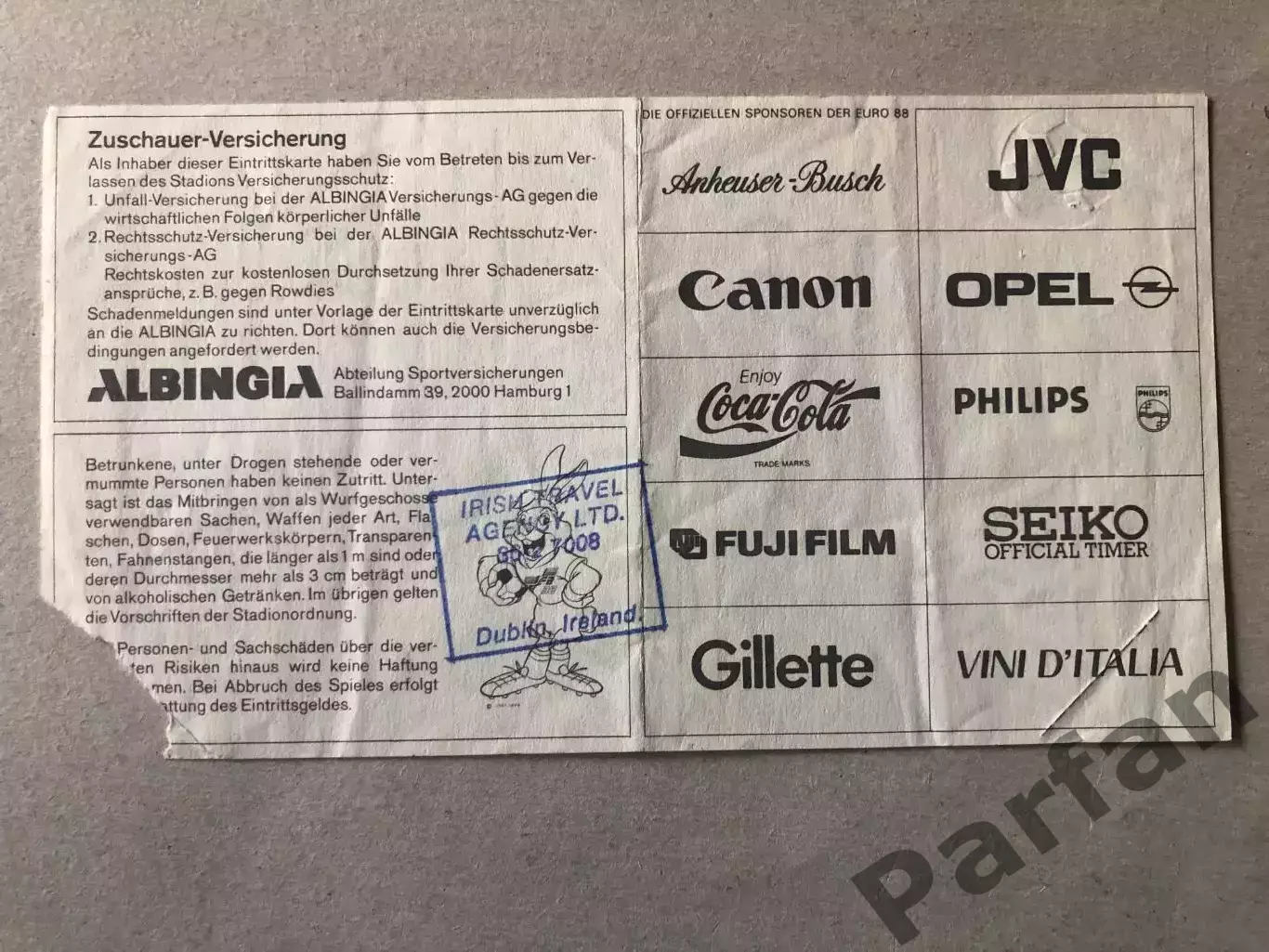 Билет Ирландия - СССР 1988 1