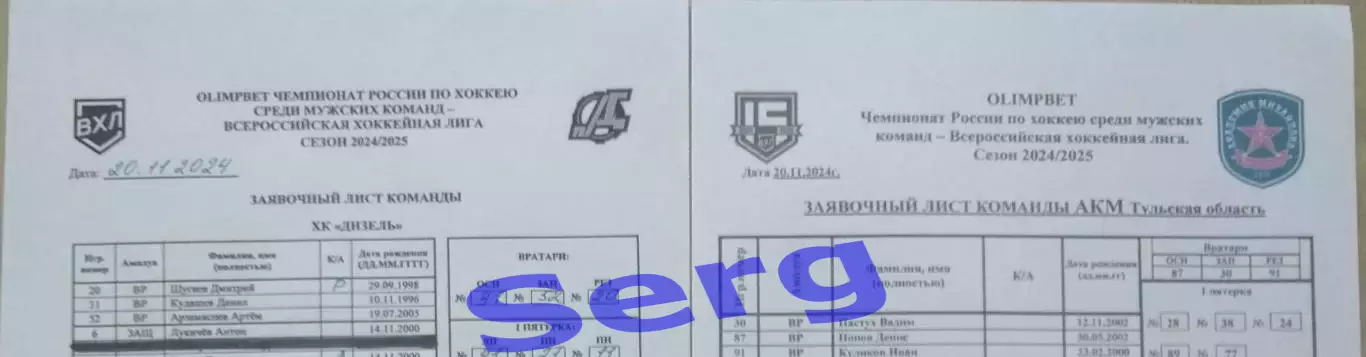 АКМ Тульская область - Дизель Пенза - 20 ноября 2024 год. Заявочные листы.