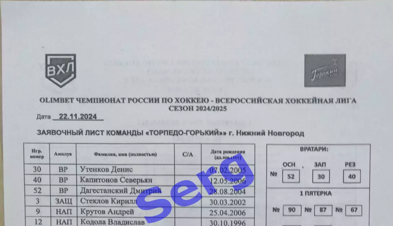 Торпедо-Горький Нижний Новгород - Дизель Пенза - 22.11.2024. Заявочные листы.