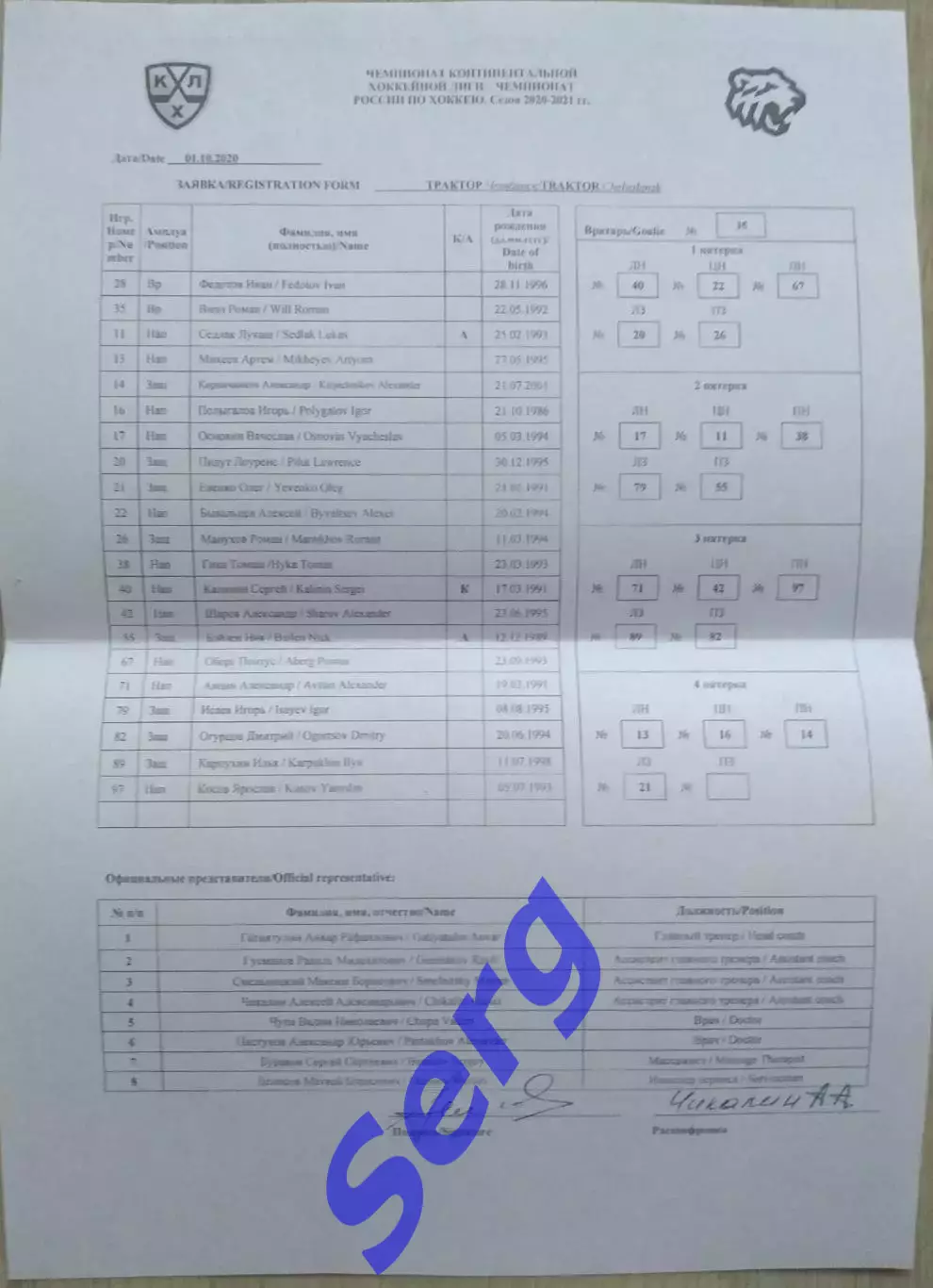 Динамо Москва - Трактор Челябинск - 01.10.2020 г. Официальный протокол матча. 1