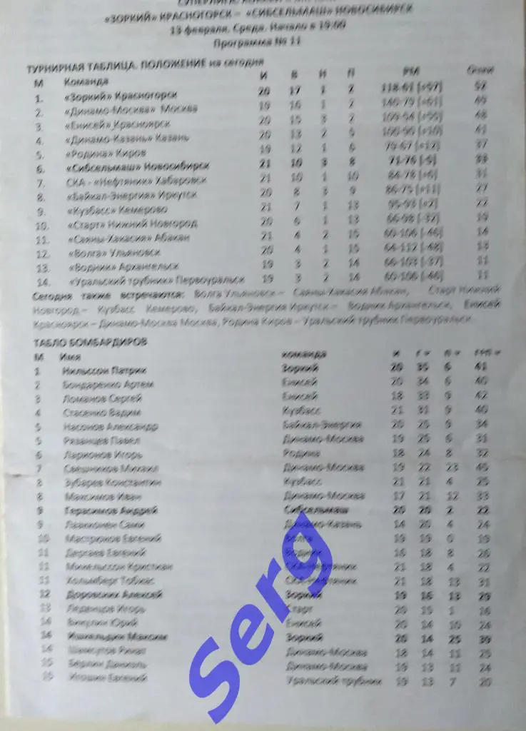 Зоркий Красногорск - Сибсельмаш Новосибирск - 13 февраля 2012 год