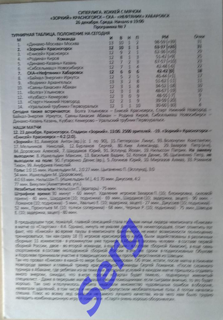 Зоркий Красногорск - СКА-Нефтяник Хабаровск - 26 декабря 2012 год