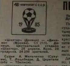 Отчет о матче Шахтер Донецк - Динамо Москва - 29 апреля 1985 год изгазеты СС