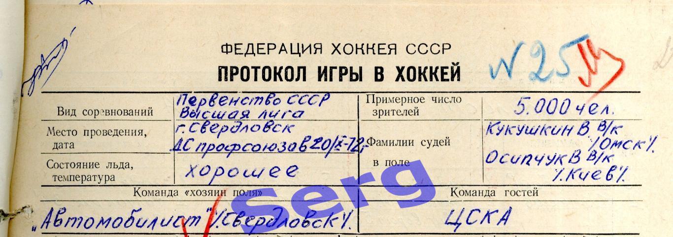Протокол матча Автомобилист Свердловск - ЦСКА Москва - 20.10.1972 год КОПИЯ!!!