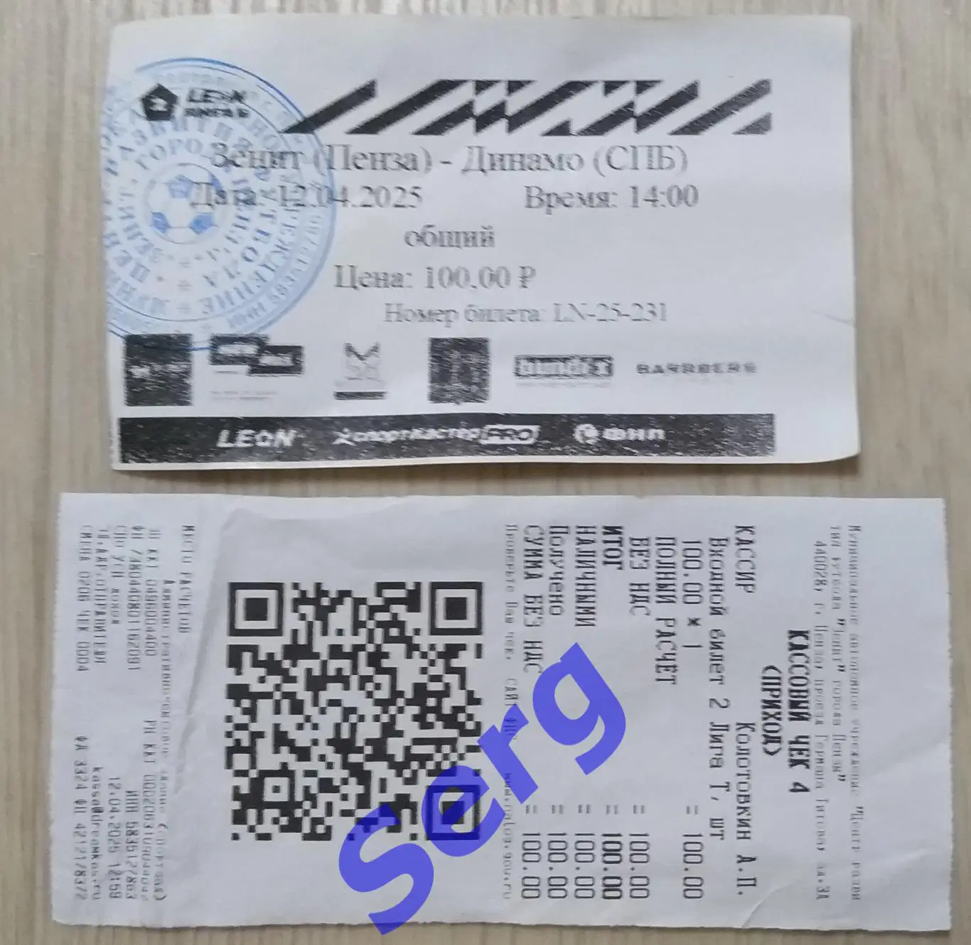 Билет и чек на матч Зенит Пенза - Динамо Санкт-Петербург - 12 апреля 2025 год