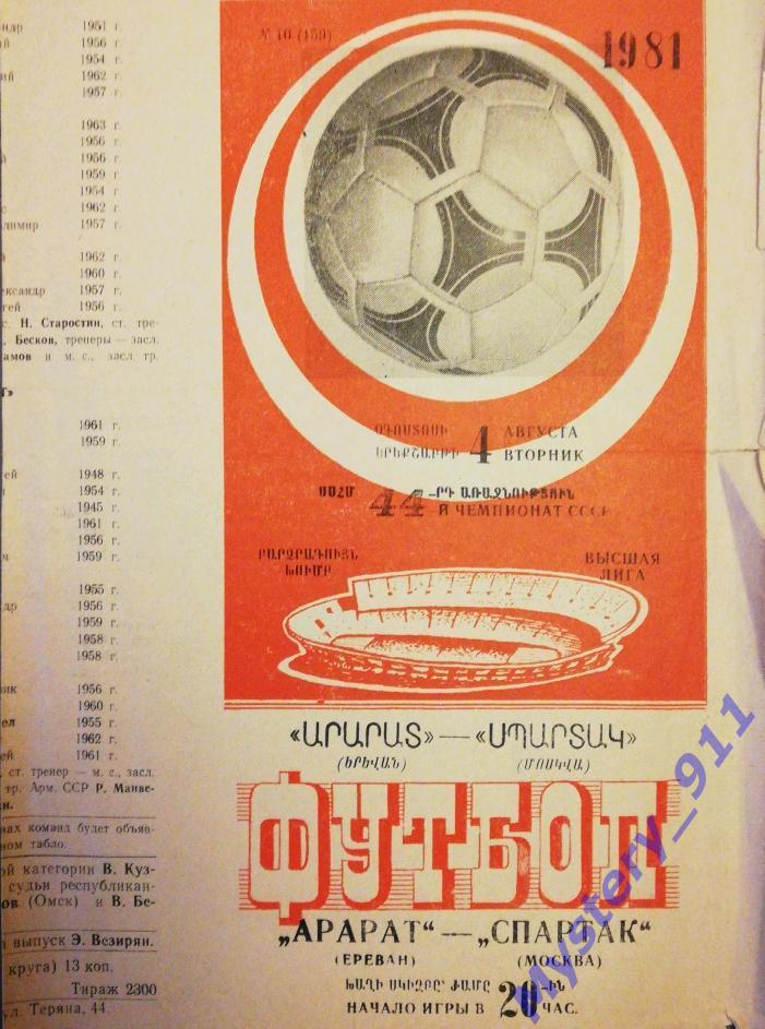 Арарат Ереван-Спартак Москва,04.08.1981