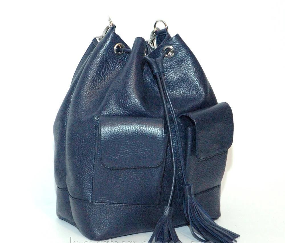 Женская сумка-мешок из натуральной кожи синий, чёрный флотар ( М17). 2