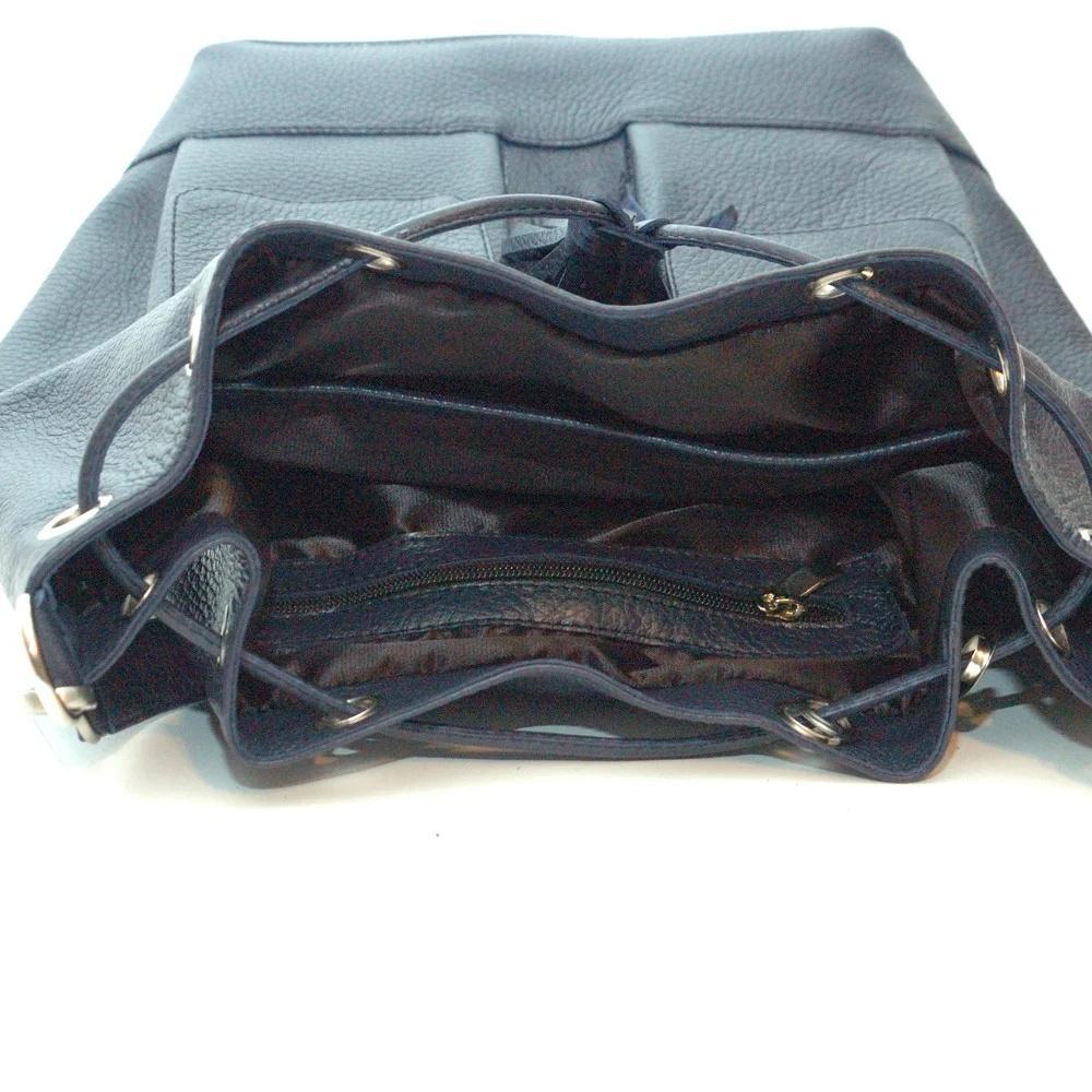Женская сумка-мешок из натуральной кожи синий, чёрный флотар ( М17). 4