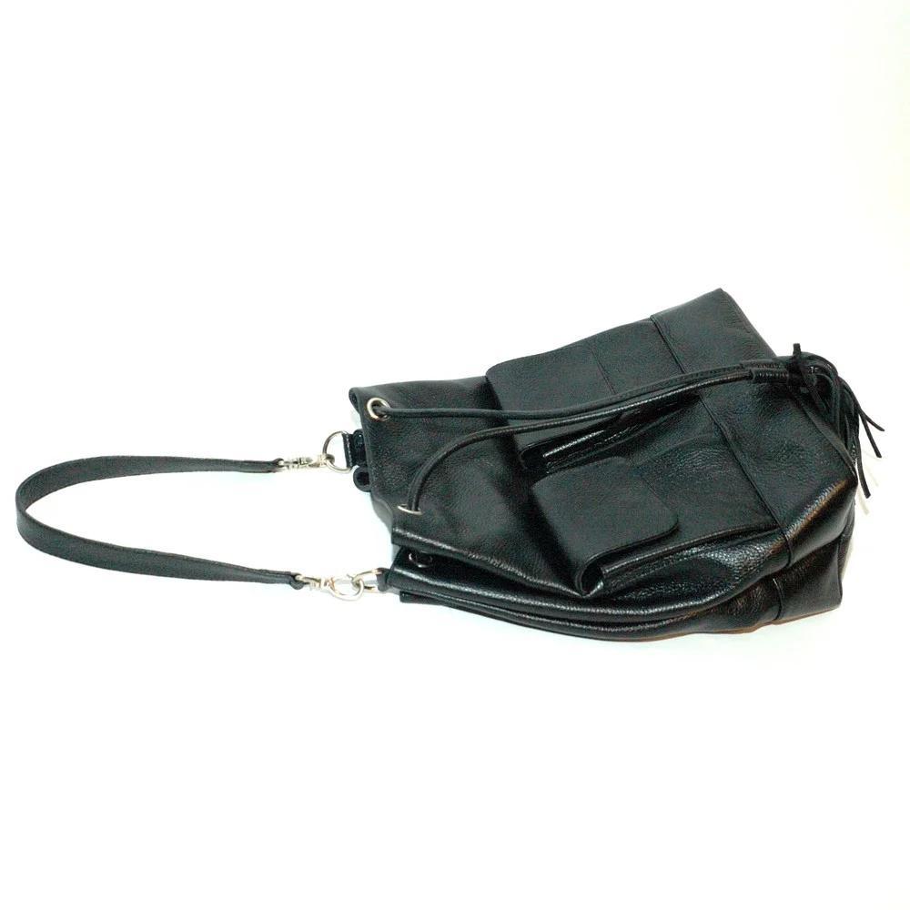 Женская сумка-мешок из натуральной кожи синий, чёрный флотар ( М17). 6