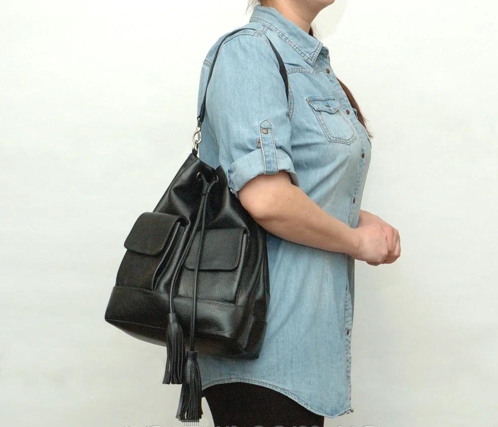Женская сумка-мешок из натуральной кожи синий, чёрный флотар ( М17). 7
