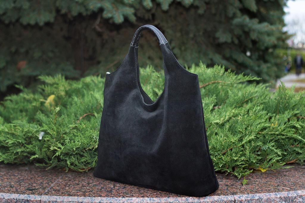 Женская кожаная сумка-хобо из кожи и замши (М15).