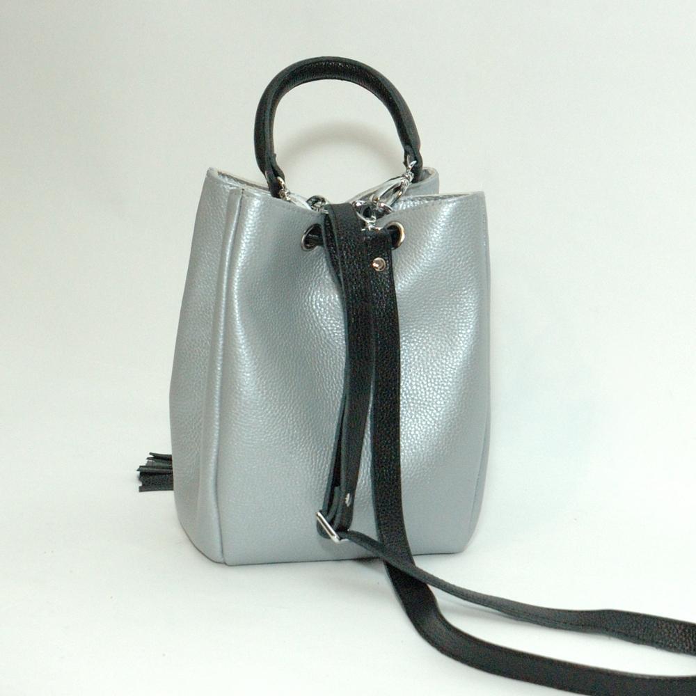Женская сумочка из натуральной кожи серебристый/чёрный флотар М25. 4