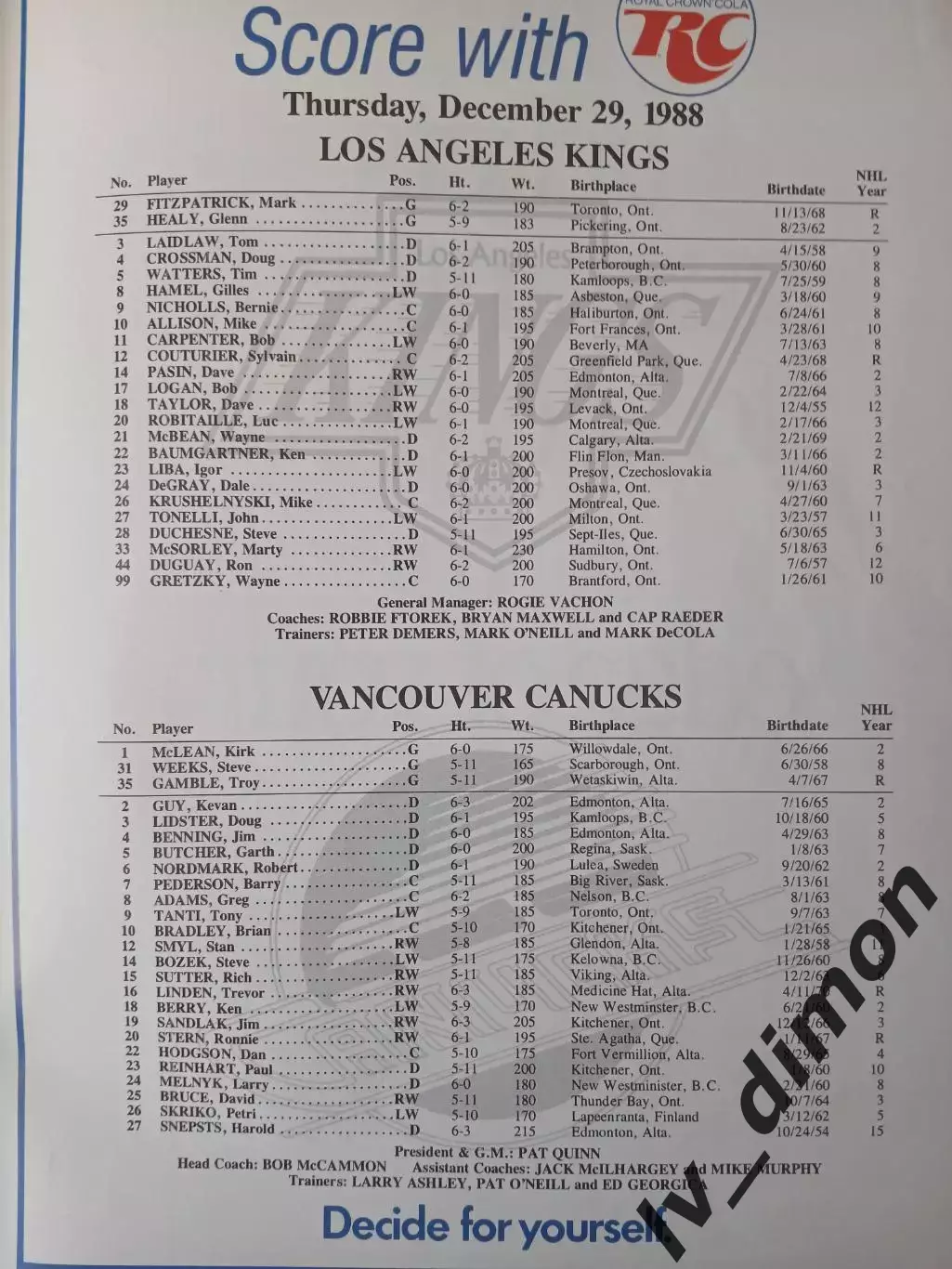 Лос Анджелес Кингс - Ванкувер Кеннакс. НХЛ.29.12.1988 1