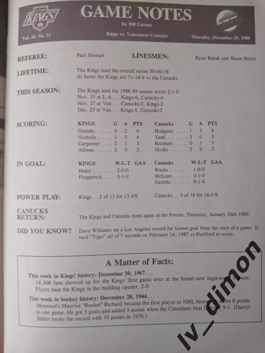 Лос Анджелес Кингс - Ванкувер Кеннакс. НХЛ.29.12.1988 5